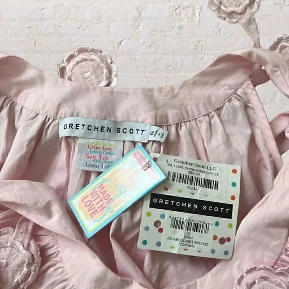 Gretchen Scott Girly Girl Pale Light Pink Blouse Shoulder Ties Embroidered Dangl - Picture 3 of 4